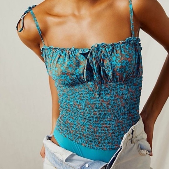 Free People Tops - Free People Intimately Bardot floral smocked bodysuit blue
